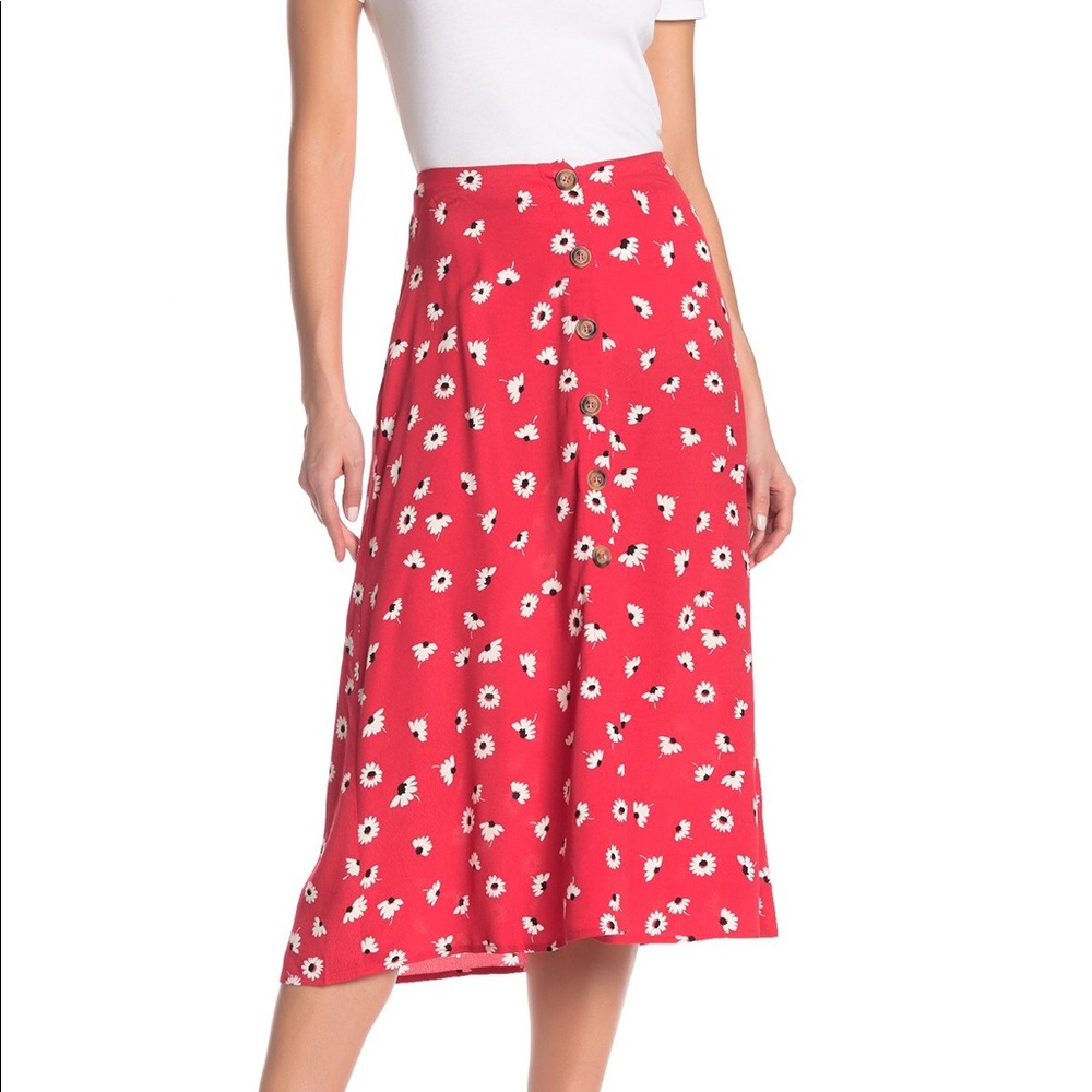 Lush red front button floral print midi skirt